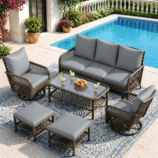 AECOJOY 6 Pcs Outdoor Furniture Set Clearance, 7-Seat Wicker Patio Funiture Sectional Sofa with High Back Swivel Rocker Chairs for Lawn, Deck, Backyard in Gray