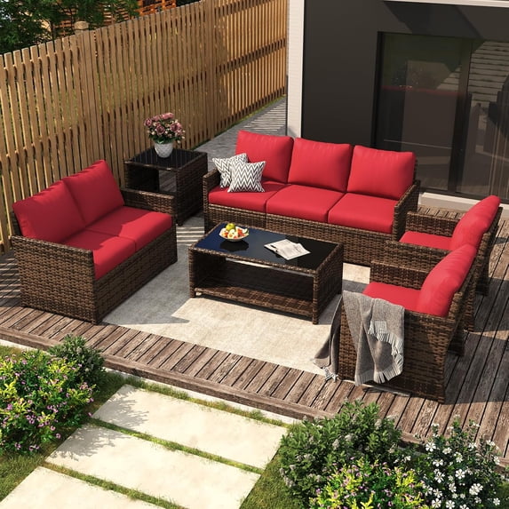 AECOJOY 6 Pieces Outdoor Furniture Set with Storage, Patio Rattan Wicker Sectional Sofa Couch Conversation Set, Red