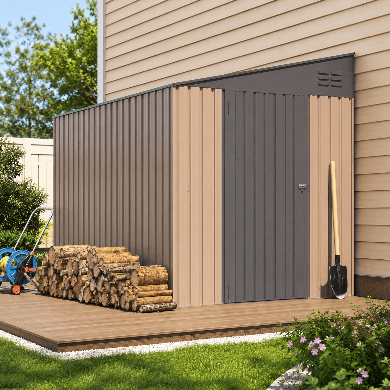 AECOJOY 6' x 8' Lean-To Metal Storage Shed with Sloped Roof and 2.3' Door for Bikes, Lawn Equipment and Garden Tools, Brown