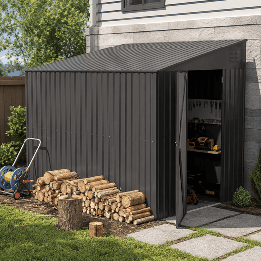 AECOJOY 6' x 8' Lean-To Metal Storage Shed with Sloped Roof and 2.3' Door for Bikes, Lawn Equipment and Garden Tools, Dark Gray