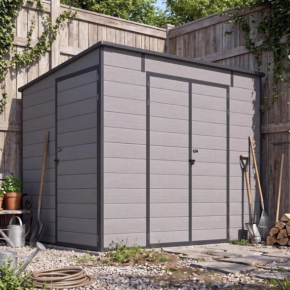 AECOJOY 6' x 8' Lean-To Resin Outdoor Storage Shed with Floor, Dual Entry and Keyless Locks, Dark Gray