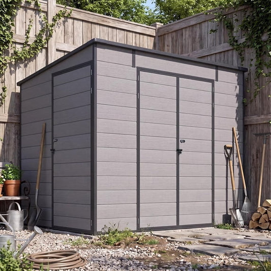 AECOJOY 6' x 8' Lean-To Resin Outdoor Storage Shed with Floor, Dual Entry and Keyless Locks, Dark Gray