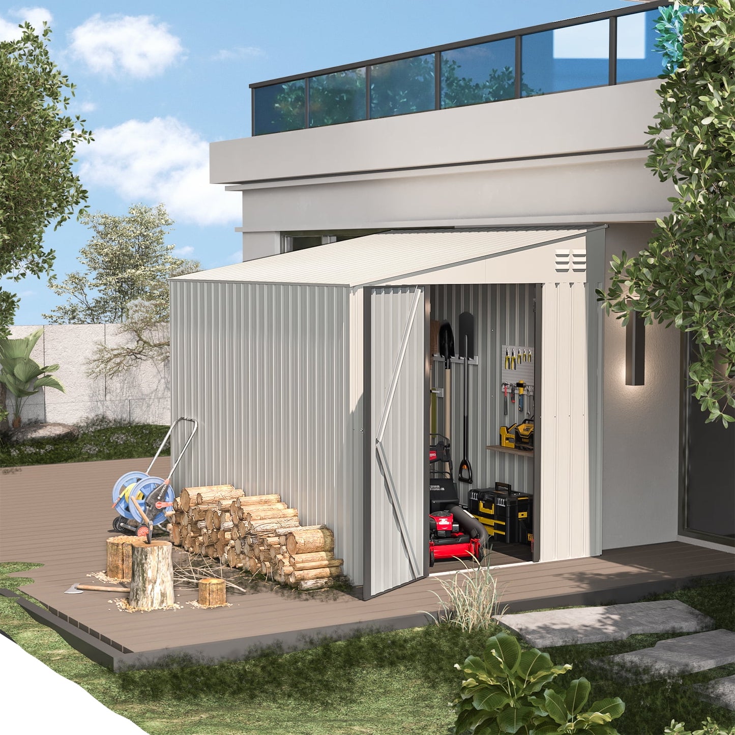 AECOJOY 6' x 8' Metal Storage Shed, Lean-to Design and Lockable Door for Garden, White