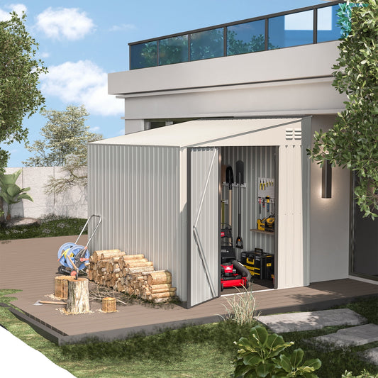 AECOJOY 6' x 8' Metal Storage Shed, Lean-to Design and Lockable Door for Garden, White