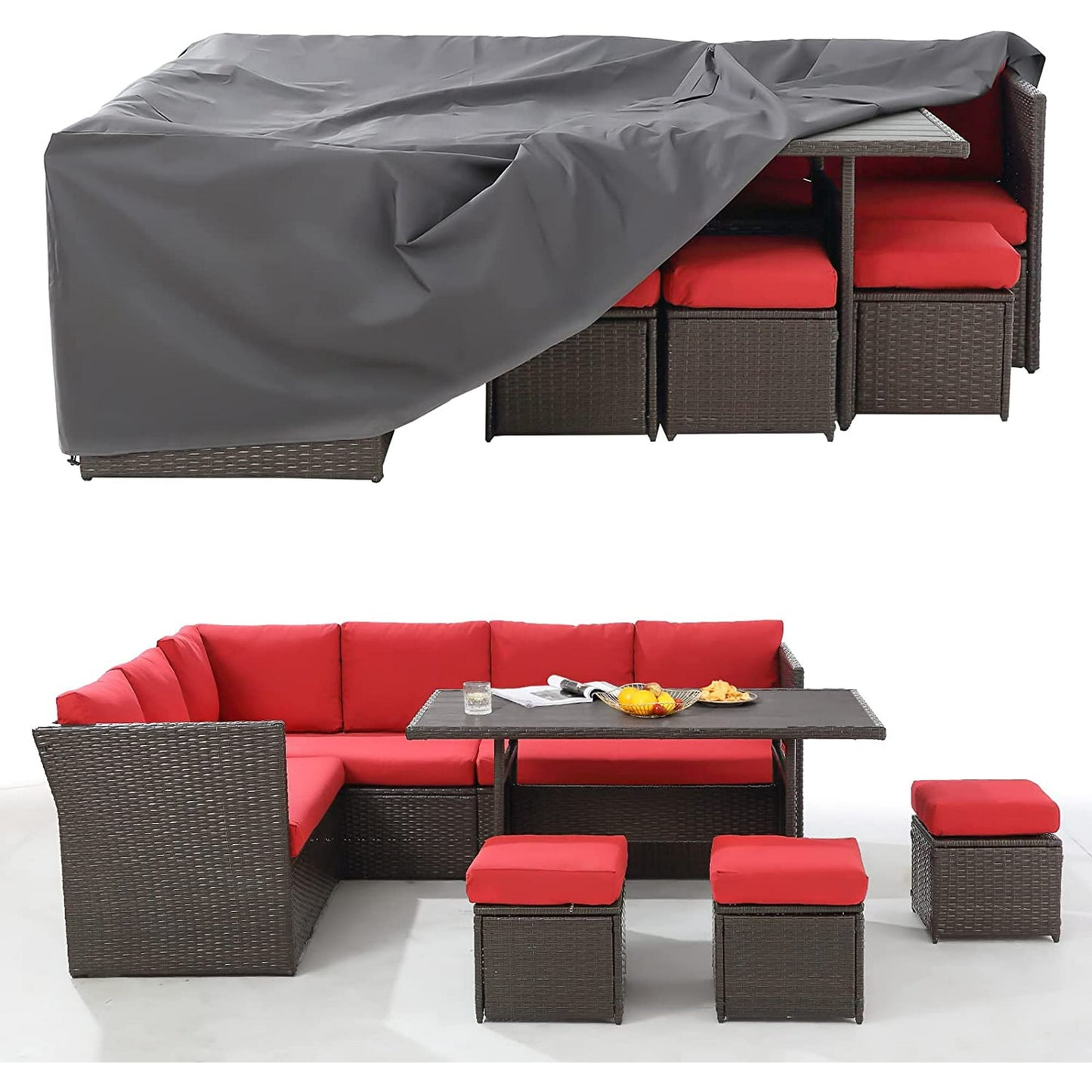 AECOJOY 7 Pcs Outdoor Rattan Sectional Sofa Couch with Dining Table and Protection Cover,Red&Beige