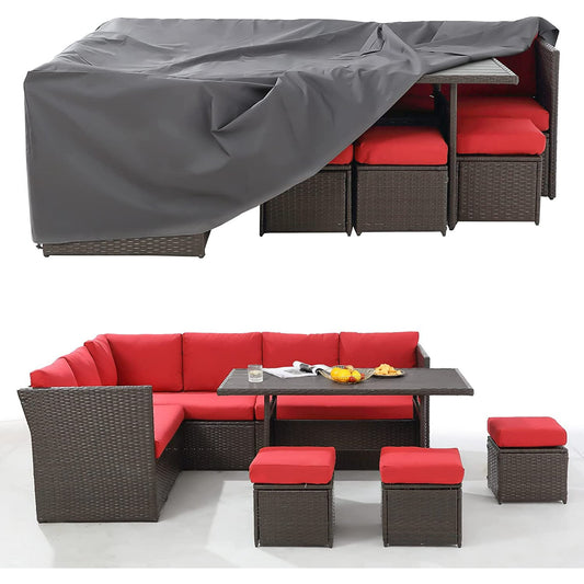 AECOJOY 7 Pcs Outdoor Rattan Sectional Sofa Couch with Dining Table and Protection Cover,Red&Beige