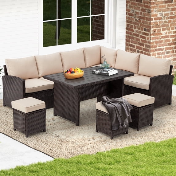 AECOJOY 7 Piece Patio Conversation Set, Outdoor Sectional Sofa Rattan Wicker Dining Furniture in Beige