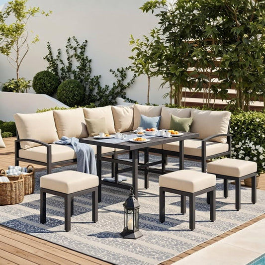 AECOJOY 7 Pieces Aluminum Patio Furniture Set, Patio Comversation Set for All Weather, Removable Cushion for Backyard Balcony Lawn Pool, Beige