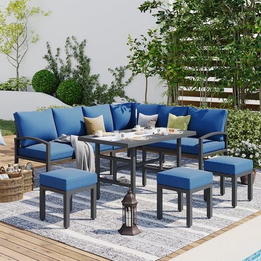 AECOJOY 7 Pieces Aluminum Patio Furniture Set, Patio Comversation Set for All Weather, Removable Cushion for Backyard Balcony Lawn Pool, Dark Blue