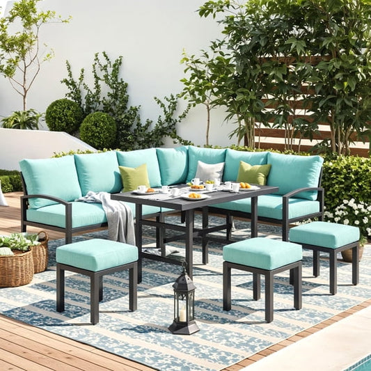 AECOJOY 7 Pieces Aluminum Patio Furniture Set, Patio Comversation Set for All Weather, Removable Cushion for Backyard Balcony Lawn Pool, Green