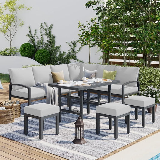 AECOJOY 7 Pieces Aluminum Patio Furniture Set, Patio Comversation Set for All Weather, Removable Cushion for Backyard Balcony Lawn Pool, Light Grey