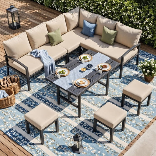 AECOJOY 7 Pieces Metal Patio Furniture Sets Outdoor Conversation Set with Dining Table and Chair, Beige