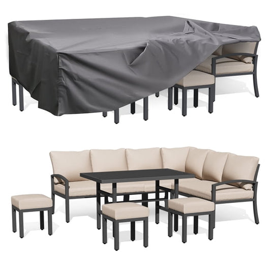 AECOJOY 7 Pieces Metal Patio Furniture Sets Outdoor Conversation Set with Dining Table and Chair with Cover, Beige