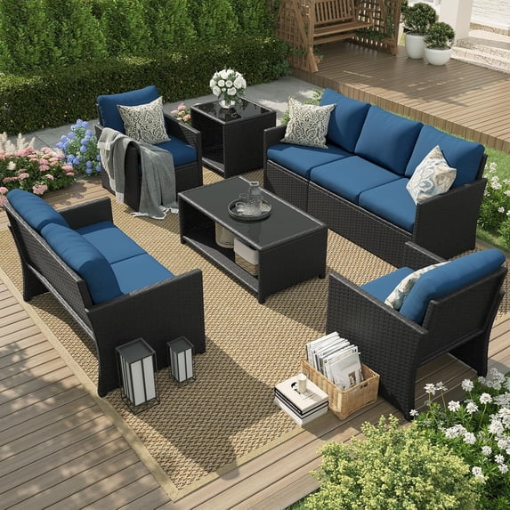 AECOJOY 7 Pieces Outdoor Furniture Set with Two Storage Boxes, Rattan Wicker Sectional Sofa Couch Patio Conversation Set, Black & Navy
