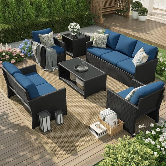 AECOJOY 7 Pieces Outdoor Furniture Set with Two Storage Boxes, Rattan Wicker Sectional Sofa Couch Patio Conversation Set, Black & Navy