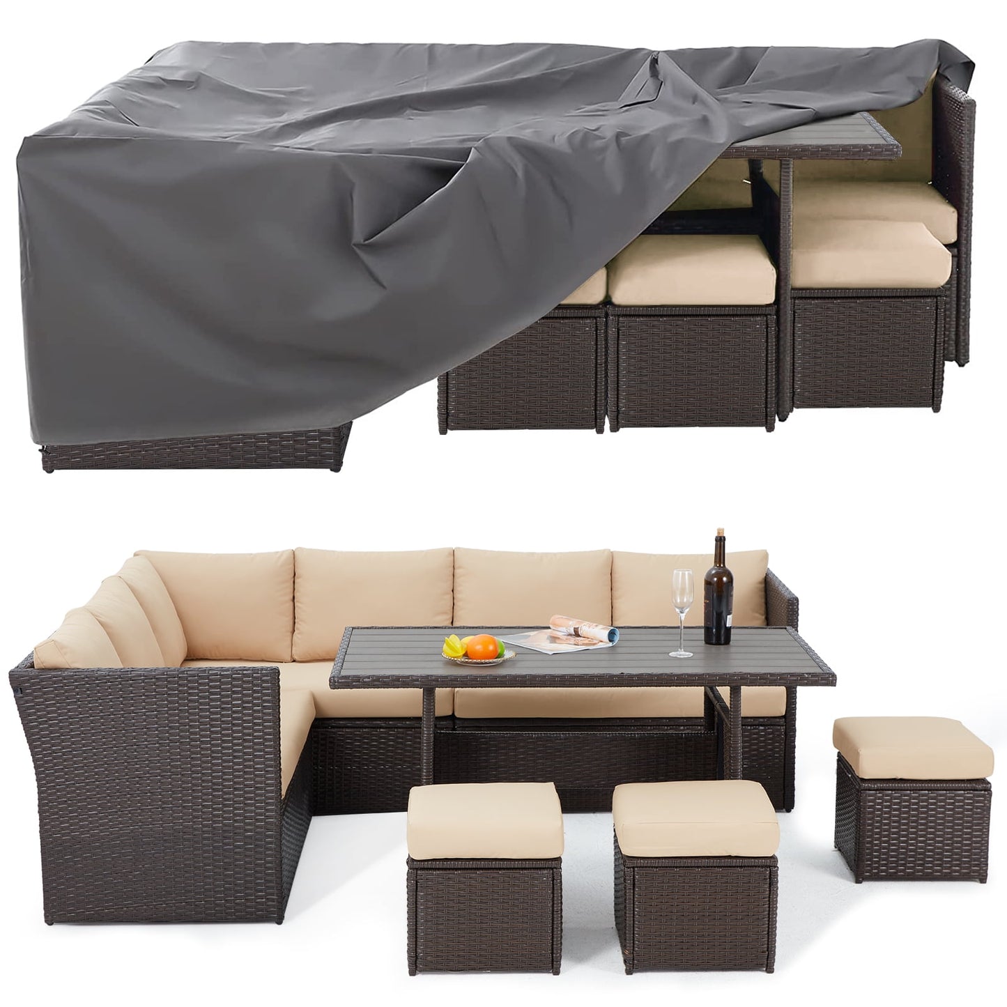 AECOJOY 7 Pieces Outdoor Rattan Sectional Sofa Couch with Dining Table and Protection Cover - Beige
