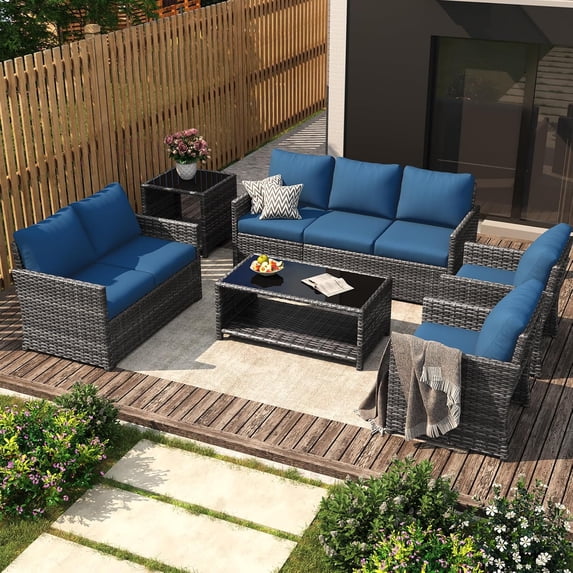 AECOJOY 7 Pieces Patio Furniture Set with Two Storage Boxes, Outdoor Rattan Conversation Set，All-Weather PE Wicker Sectional Sofa Outdoor Furniture for Garden, Deck, Grey Rattan&Dark Blue