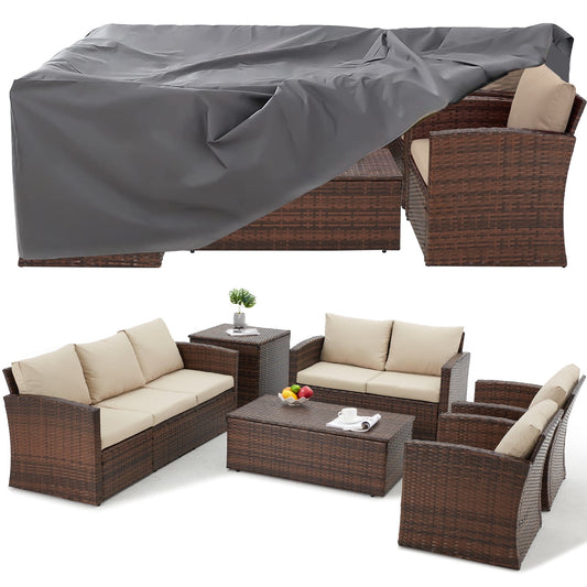 AECOJOY 7 Pieces Patio Furniture with Two Storage Boxes, Outdoor Rattan Conversation Set with Cover，All-Weather PE Wicker Sectional Sofa for Garden, Backyard, Deck, Brown & Beige