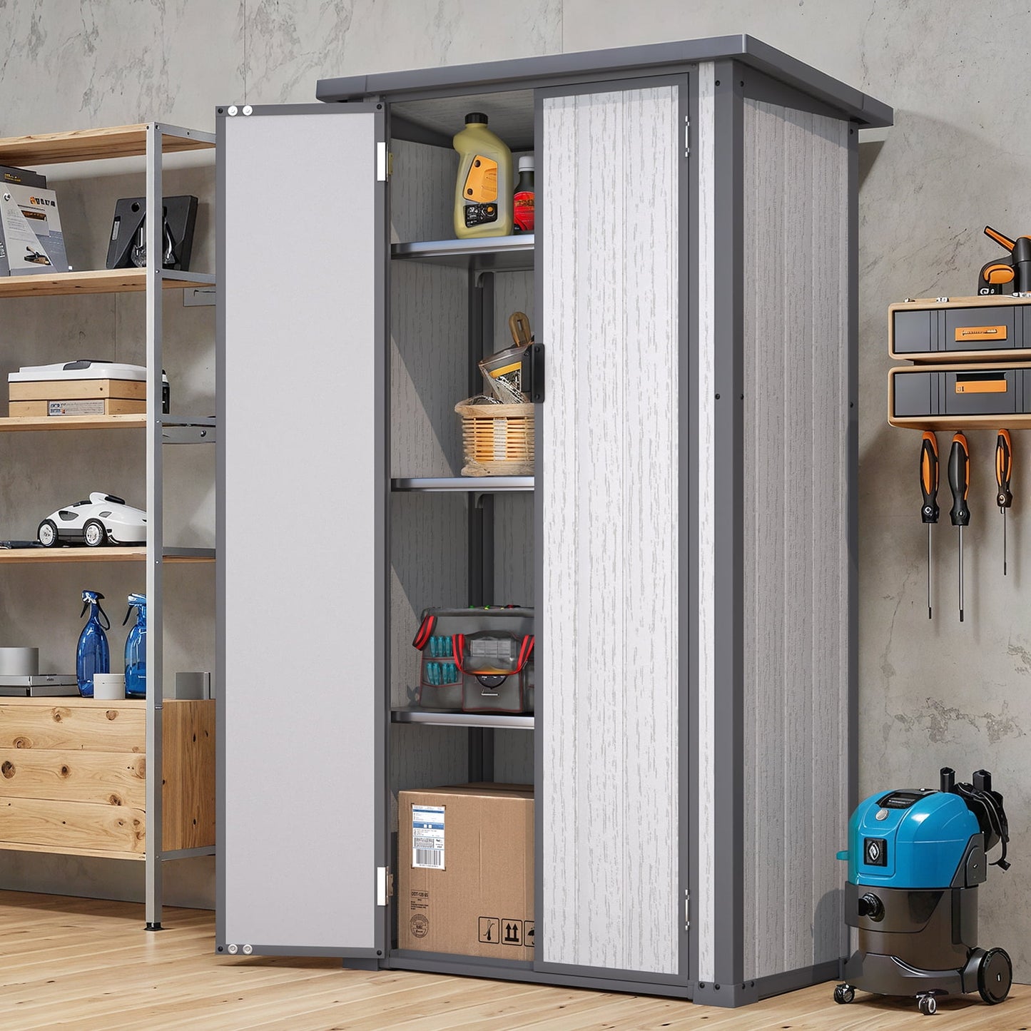 AECOJOY 70.5‘’ Storage Cabinet with 3 Adjustable Shelves, Outdoor Plastic Storage Shed with Sloped Roof