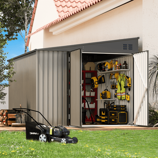 AECOJOY 8' x 10' Metal Storage Shed, Lean-to Design and Lockable Door for Garden, Grey