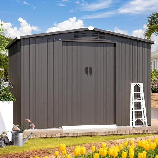 AECOJOY 8 x 6 ft. Outdoor Metal Storage Shed with Lockable Sliding Door Patio Garden Storage Building for Outside in Dark Gray