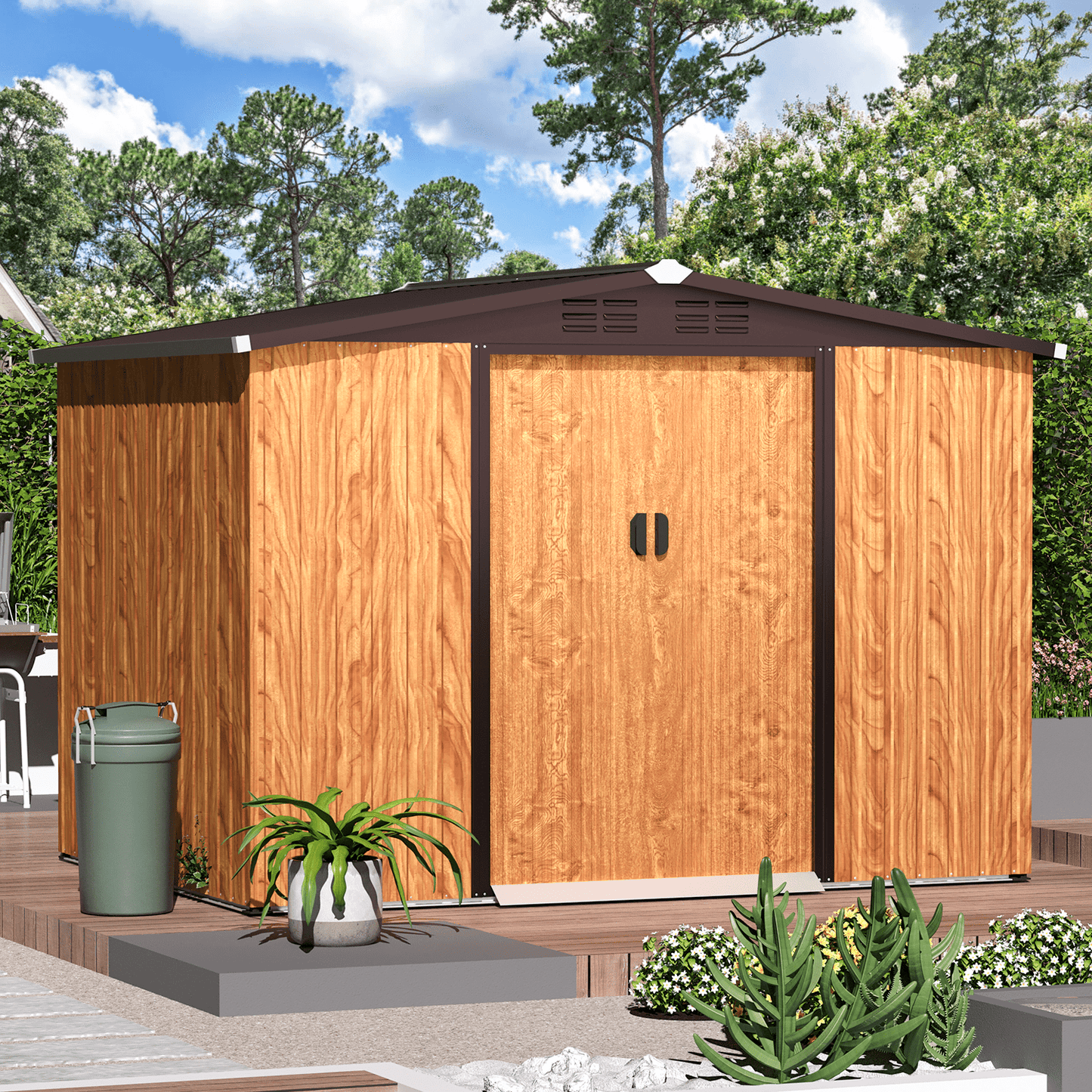 AECOJOY 8 x 6 ft. Wood Grain Outdoor Metal Storage Shed with Lockable Door Patio Garden Storage Building for Outside
