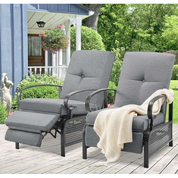 AECOJOY Adjustable Patio Reclining Lounge Chair Set of 2 with Umbrella Side Table Stand-Dark Gray