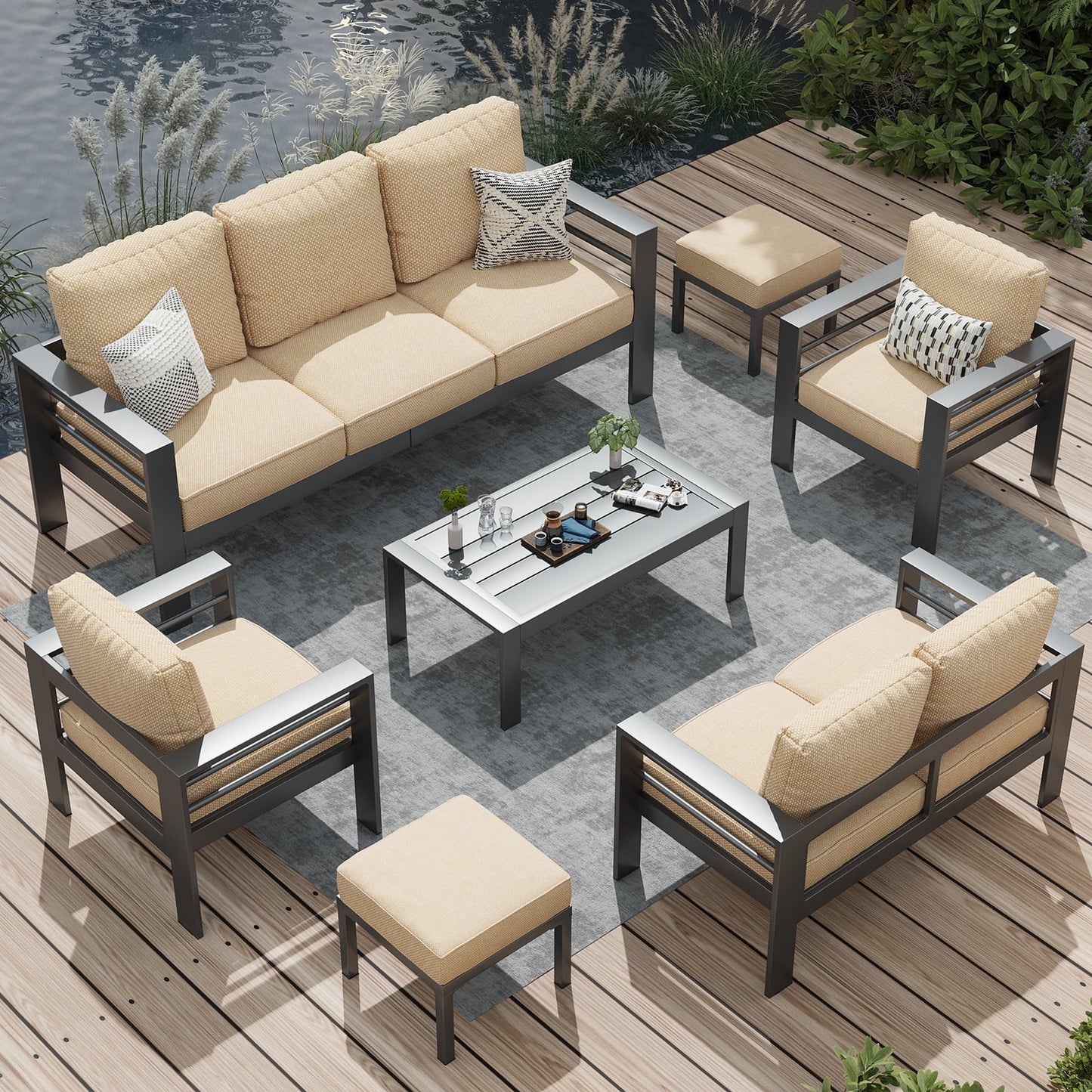 AECOJOY Aluminum Outdoor Furniture Set, 7 Pieces Metal Patio Furniture on sale Outdoor Couch Patio Conversation Set - Beige