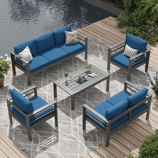 AECOJOY Aluminum Patio Furniture Set, 7 Seats Modern Outdoor Furniture with Coffee Table, 5 Pieces Metal Conversation Sectional Sofa, Blue