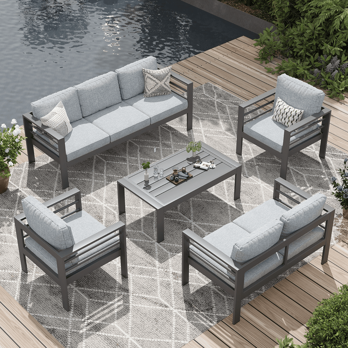 AECOJOY Aluminum Patio Furniture Set, 7 Seats Modern Outdoor Furniture with Coffee Table, 5 Pieces Metal Conversation Sectional Sofa, Grey
