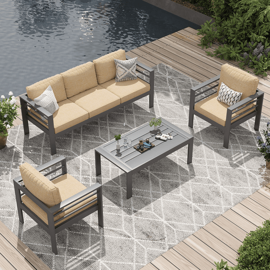 AECOJOY Aluminum Patio Furniture Sets,4 Pieces Outdoor Metal Conversation Sectional Sofa with Coffee Table, Beige