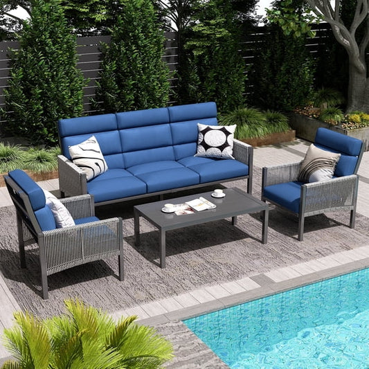 AECOJOY Aluminum Patio Furniture Sets on Sale,Outdoor Conversation Sets with Coffee Table for Porch,Balcony,Blue