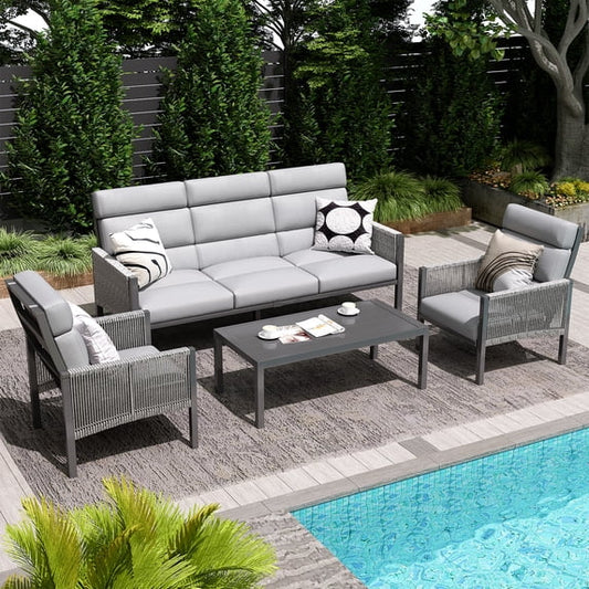 AECOJOY Aluminum Patio Furniture Sets on Sale,Outdoor Conversation Sets with Coffee Table for Porch,Balcony,Light Grey