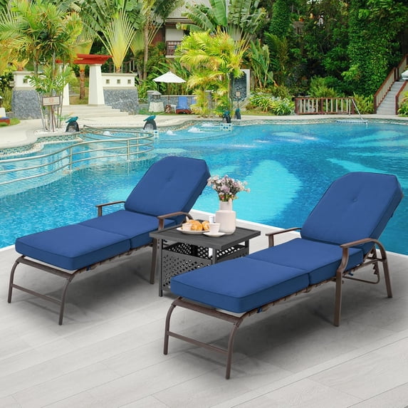 AECOJOY Cushioned Patio Lounge Chair Set of 3 with Umbrella Side Table Stand, Poolside Adjustable Chaise Lounge Recliner - Blue