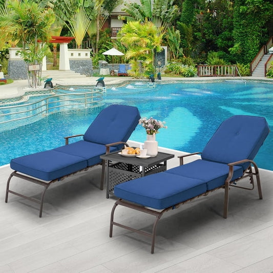AECOJOY Cushioned Patio Lounge Chair Set of 3 with Umbrella Side Table Stand, Poolside Adjustable Chaise Lounge Recliner - Blue
