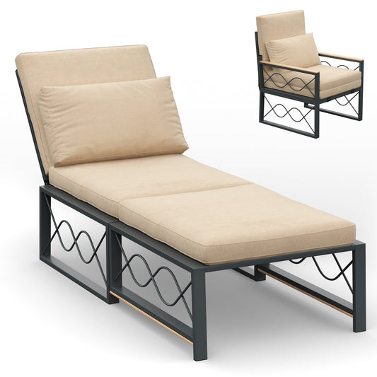 AECOJOY Folding Chairs For Outdoors,Outdoor Metal Chaise Lounge Chair,Convertible Patio Armchair with Cushions,5-Position Adjustable Outdoor Reclining Chair for Pool Beach, Beige