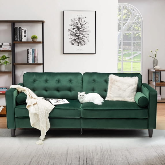 AECOJOY Leather Couch Sofa 84.2" Mid-Century Sectional Sofa 3 Seater Office Sofa on Clearance,Green