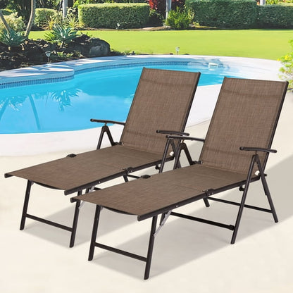 AECOJOY Outdoor Chaise Lounge Chair, Adjustable Reclining Folding Pool Lounge with Adjustable Backrest-Set of 2-Browm