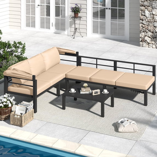 AECOJOY Outdoor Furniture Set with Retractable Canopy, Patio Comfortable Sectional Sofa with Coffee Table & 2 Adjustable Backrests in Beige