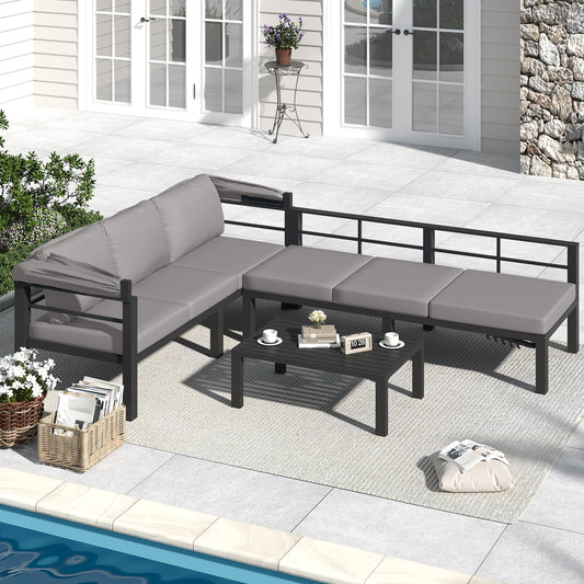 AECOJOY Outdoor Furniture Set with Retractable Canopy, Patio Comfortable Sectional Sofa with Coffee Table & 2 Adjustable Backrests in Grey
