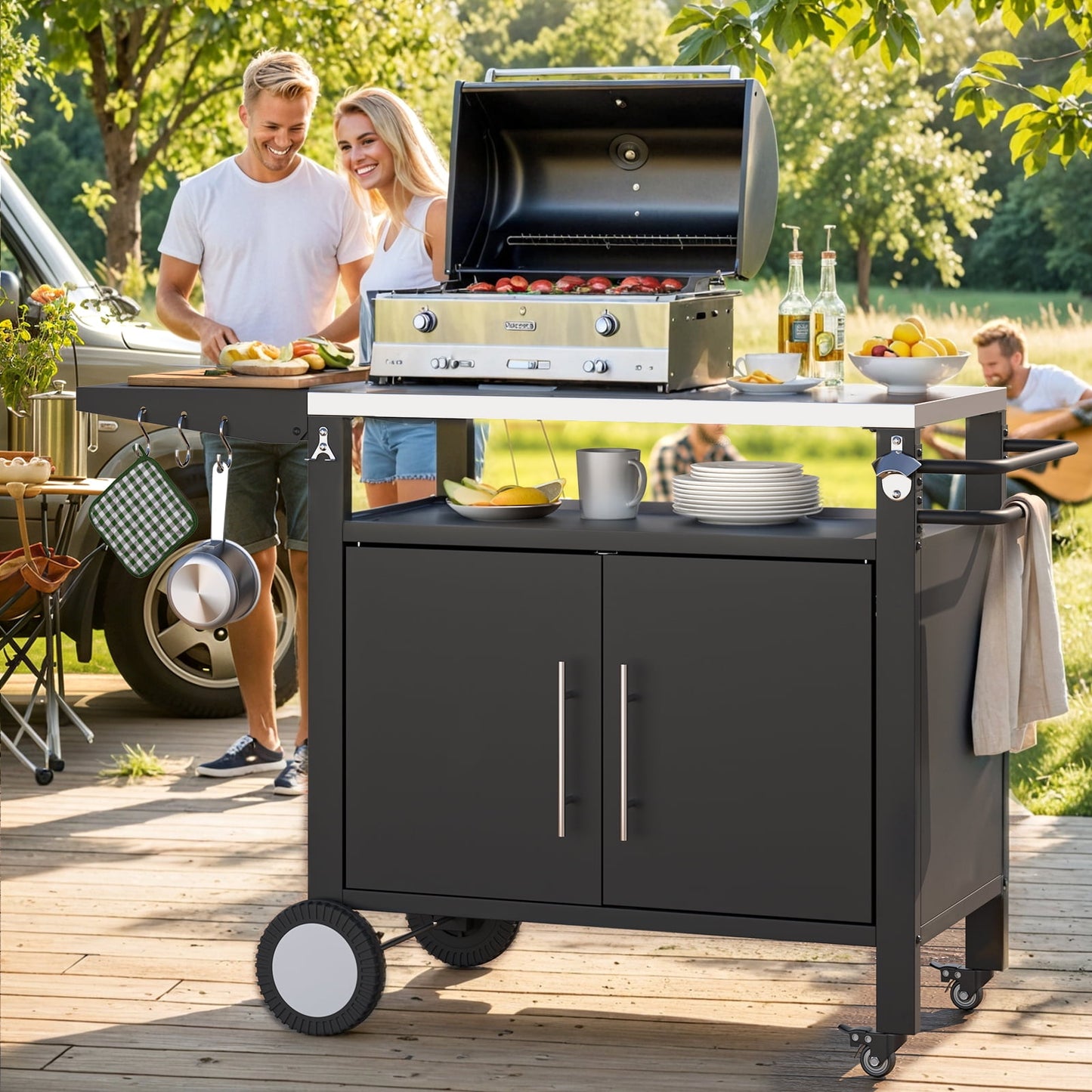AECOJOY Outdoor Grill Cart with Storage Cabinet Buffet Prep Tables for Outside Steel BBQ Bar Carts for Patio（20"D x 50"W x 32.2"H）