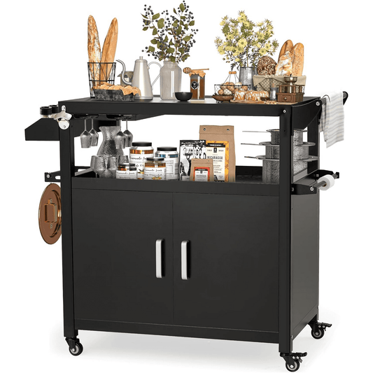 AECOJOY Outdoor Grill Cart with Storage Cabinet Buffet Prep Tables for Outside Steel BBQ Bar Carts for Patio