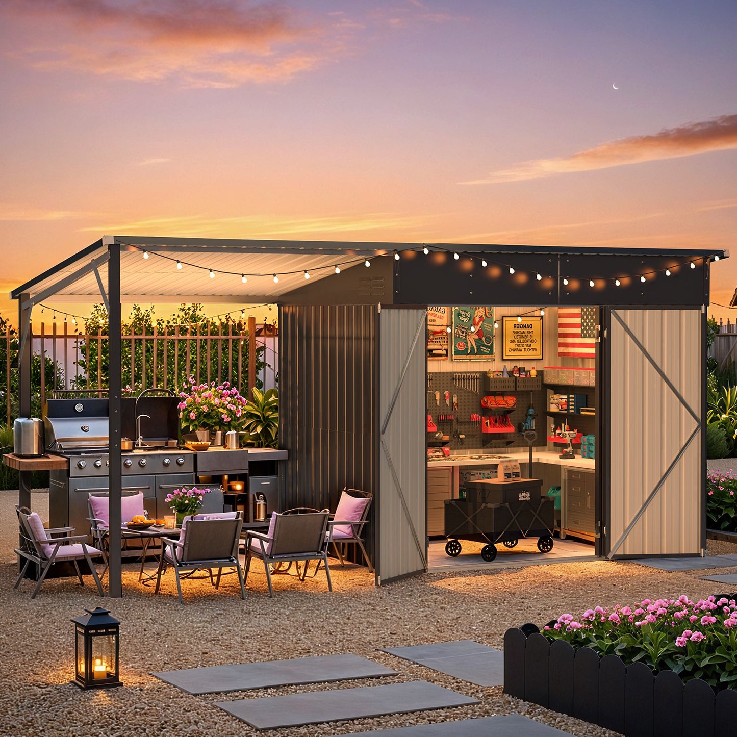 AECOJOY Outdoor Open-Sided Storage Shed, 8x6 Sheds & Outdoor Storage with 56 Sq. Ft Covered, 2-in-1 Tool Shed with Attached Hardtop Metal Pergola Gazebo