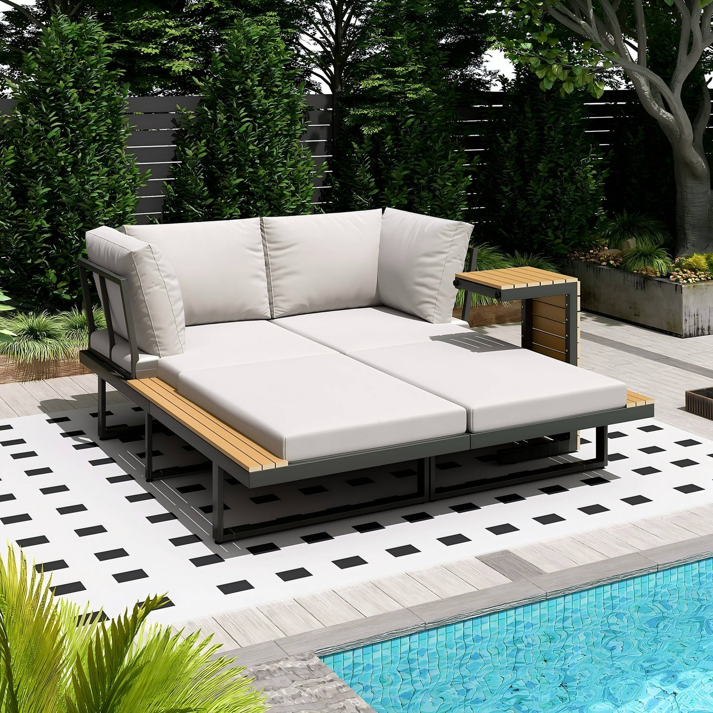 AECOJOY Outdoor Patio Furniture Sets,Metal Convertible Daybed With Coffee Table,5 Pieces Outdoor Sectional Conversation Sofa Couch,Grey