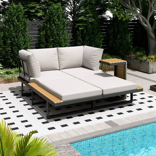 AECOJOY Outdoor Patio Furniture Sets,Metal Convertible Daybed With Coffee Table,5 Pieces Outdoor Sectional Conversation Sofa Couch,Grey