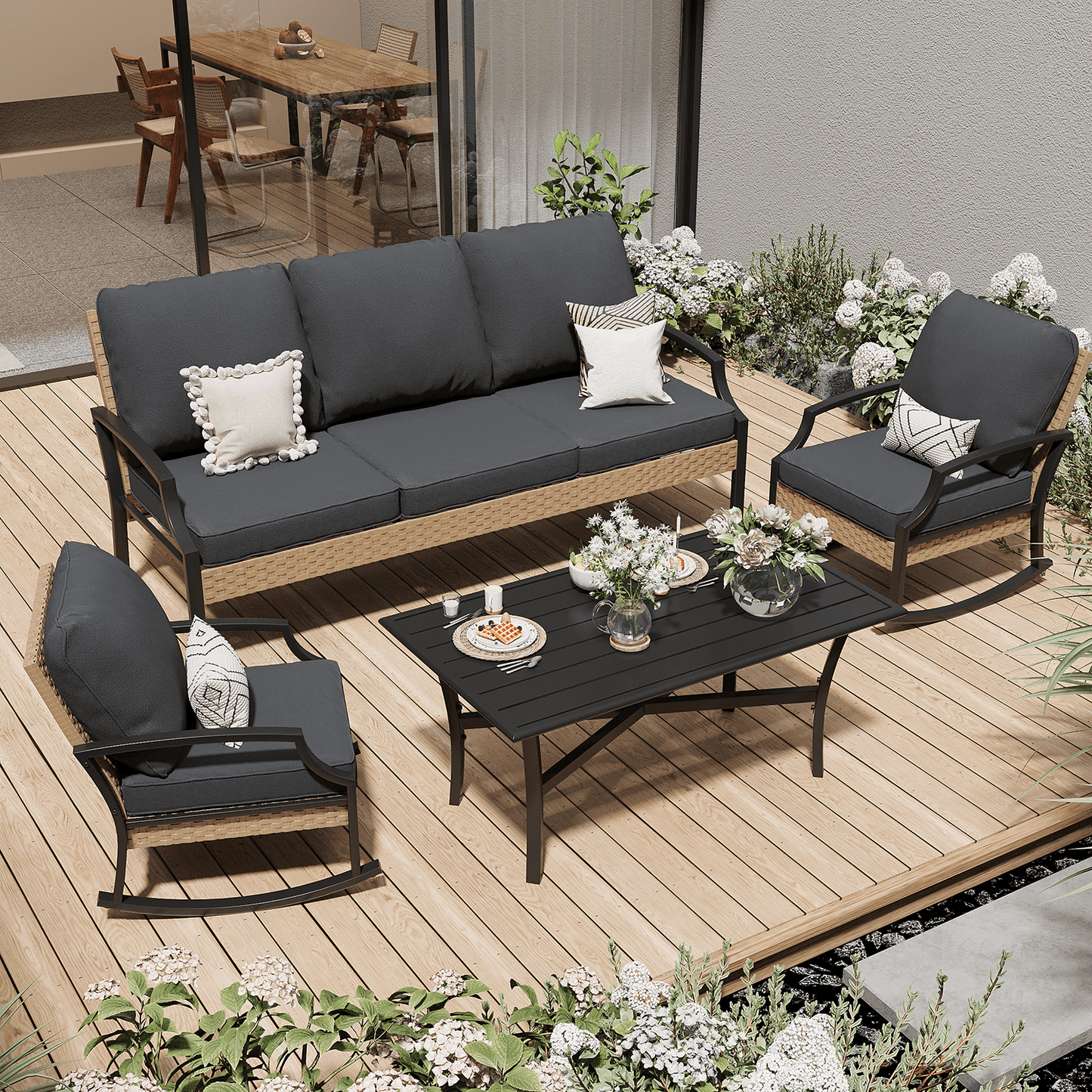 AECOJOY Outdoor Patio Wicker Furniture Sets On Sale,Rattan Patio Conversation Sets With Rocking Chair For Porch,Dark Grey