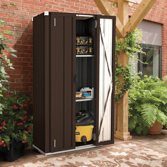 AECOJOY Outdoor Storage Cabinet Metal Organizer with Doors and Shelves Patio Storage Building for Outside& Garden in Brown