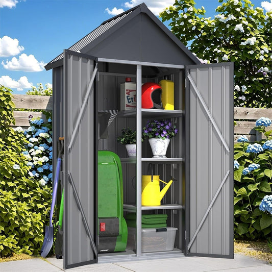 AECOJOY Outdoor Storage Shed with Floor & Metal Small Cabinet Waterproof with Shelves & 2 Lockable Doors for Patio in Dark Grey