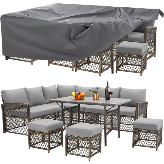 AECOJOY Patio Furniture Set with Cover, 7 Pieces Wicker Outdoor Sectional Sofa with High Table and Chairs, All Weather PE Rattan Conversation Dining Set with Ottoman, Grey Cushions