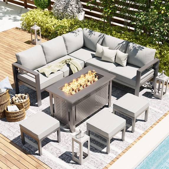 AECOJOY Patio Furniture Set with Fire Pit Table,Aluminum Outdoor Furniture Sets Clearance Metal Patio Sets on sale, Outdoor Conversation Sets, Light Grey